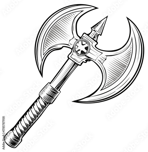 Vector Illustration of Fantasy Battle Axe, Medieval Weapon with Ornament Details and Two Blade Halves