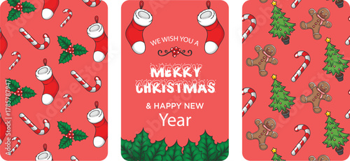 A trending, vector template collection of Merry Christmas cards, posters, and banners featuring hand-drawn elements like bows, fir branches, candles, and cocktails, presented in an elegant, vintage co