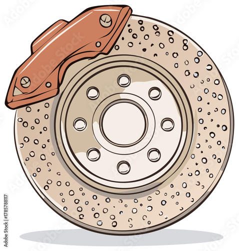 Illustration of a drilled brake disc with brake caliper, a car part for braking system