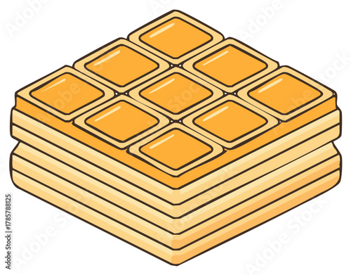 Stack of square shaped waffles with squares of golden jelly top viewed at an angle