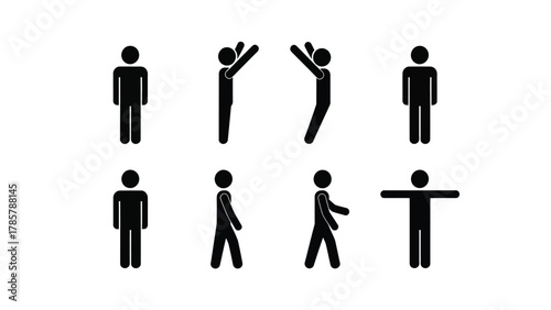 Human Stick Figure Vector Icon Set. Simple Pictogram Collection Showing Various Poses: Standing, Walking, Jumping, and Hands Raised