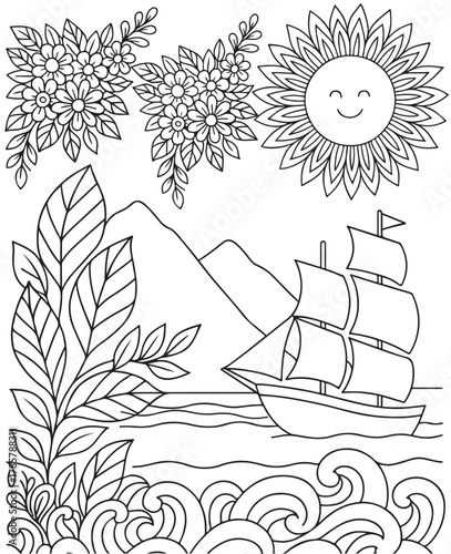 Sailing Ship Adventure with Sun and Flowers Coloring Page
