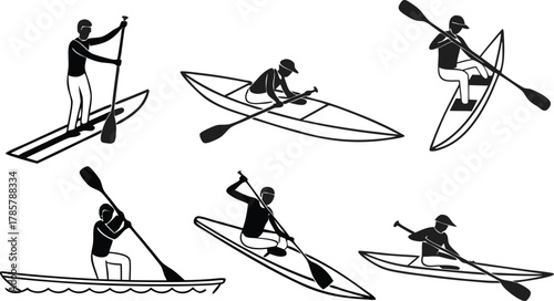 Dynamic silhouettes capture the thrill of paddleboarding and kayaking adventures on the water, showcasing active lifestyles.