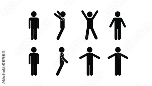 Stick Figure Icon Set: Collection of Human Pictograms Showing Various Poses, Actions, and Body Positions