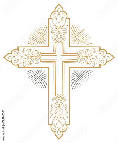 Ornate golden Christian cross with decorative floral filigree and sunburst rays illustration