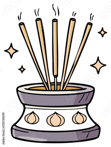 Aroma sticks burning in a decorative holder releasing incense with star sparkles, fragrance aroma releasing