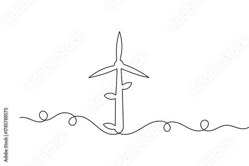 Minimalist wind turbine one line art renewable power concept vector illustration
