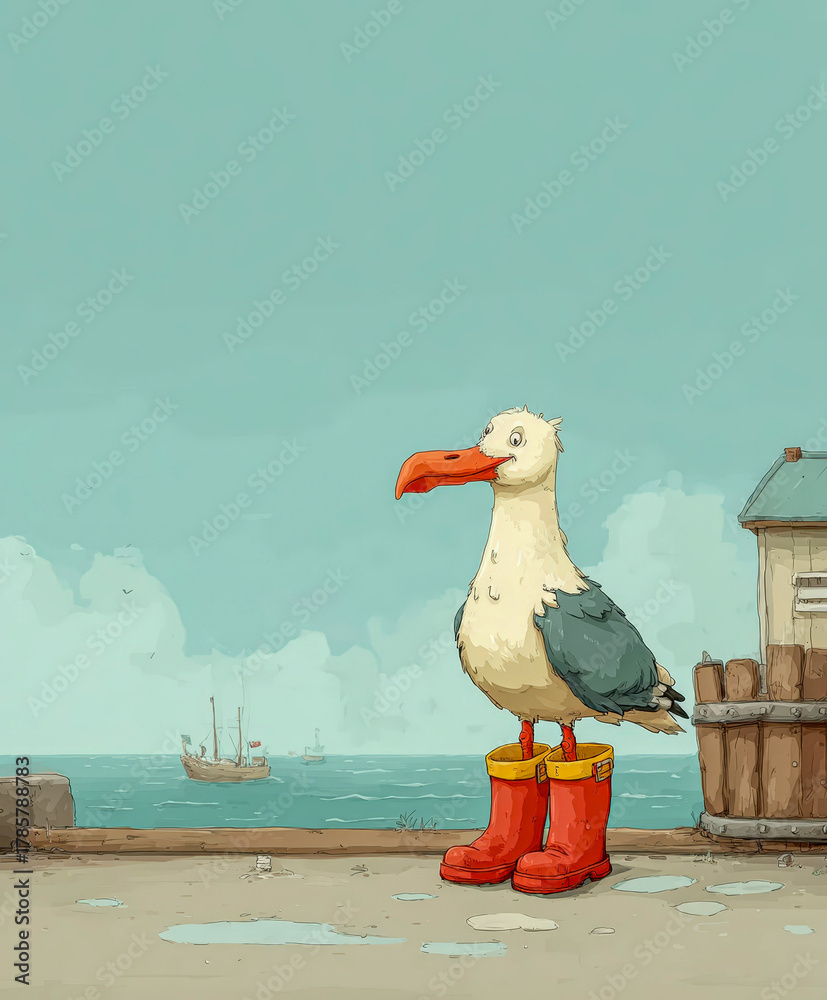 Fototapeta premium Cute cartoon seagull stands in red boots on a pier