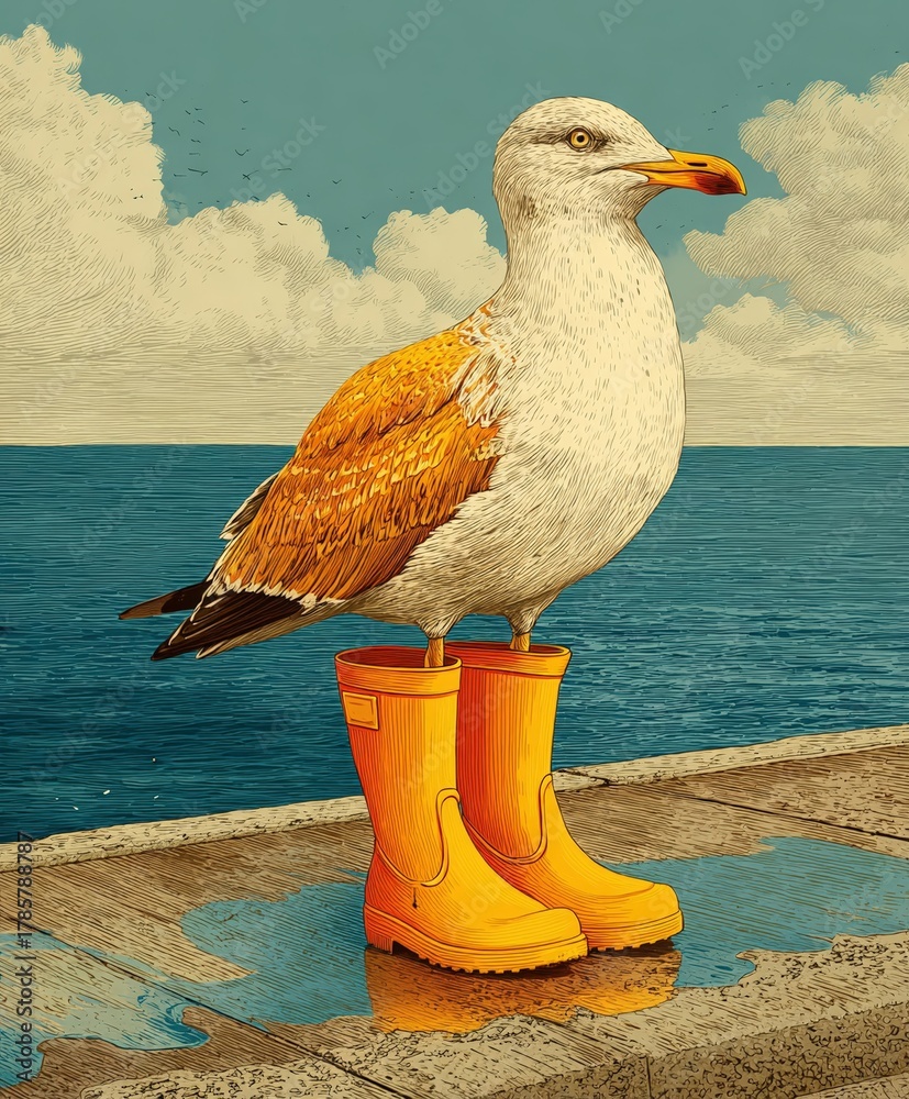 Fototapeta premium Whimsical seagull wearing yellow boots by the sea