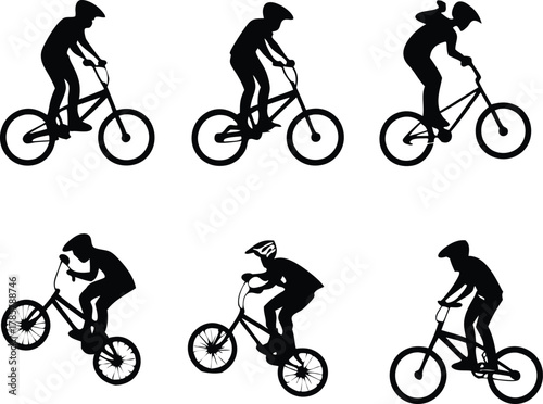 Dynamic cyclists perform thrilling stunts on bicycles showcasing speed, agility, and extreme sport action in silhouette