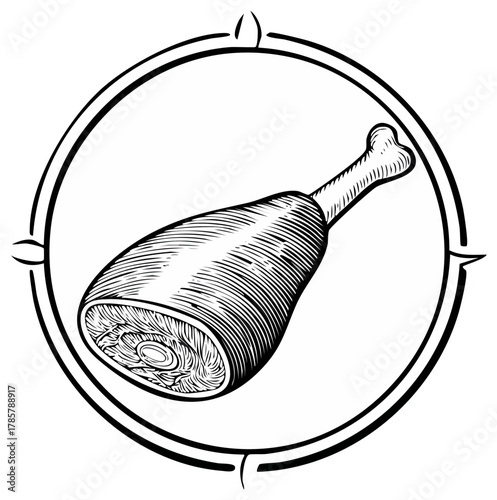 Vintage woodcut style illustration of a meat shank with bone in a simple circular frame emblem.