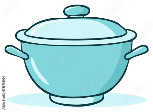 Delicate Light Blue Cooking Pot Cartoon Illustration with Handles and Lid ready for cooking meals and soups or stews