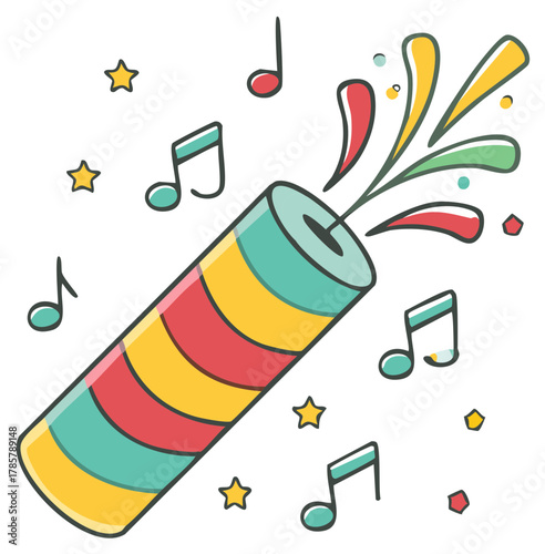 Cartoon celebration popper with musical notes and stars
