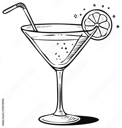 Hand-drawn cocktail with lemon slice and straw in martini glass with bubbles