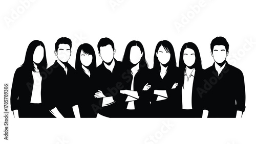 Professional Business Team Group Vector Illustration | Corporate Staff Silhouettes Standing Together in Minimalist Monochrome Style