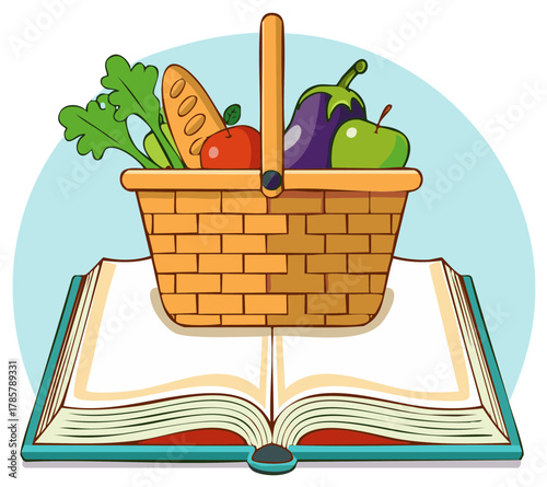 Illustrated Wicker Basket of Fresh Groceries and Produce on an Open Cookbook