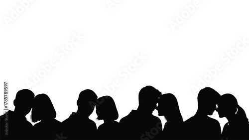 Silhouettes of Romantic Couples Vector Illustration. Group of Young Men and Women Standing Close, Expressing Love and Intimacy on White Background.