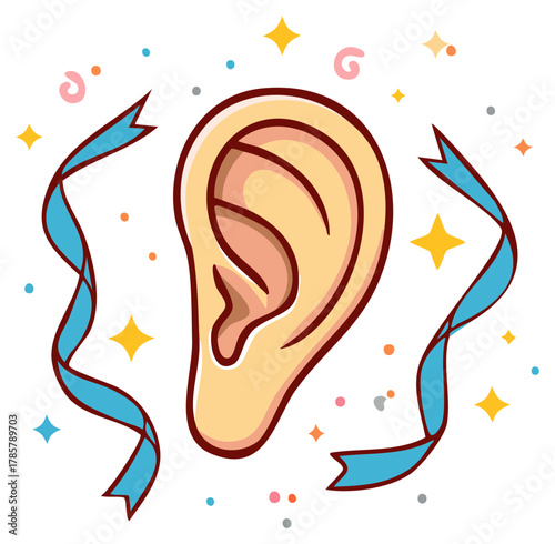 Stylized Human Ear Surrounded by Confetti and Festive Ribbons Celebrate Hearing