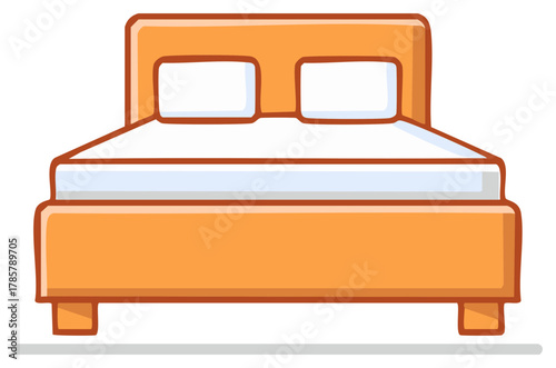 Simple cartoon illustration of a modern orange bed with white pillows and mattress