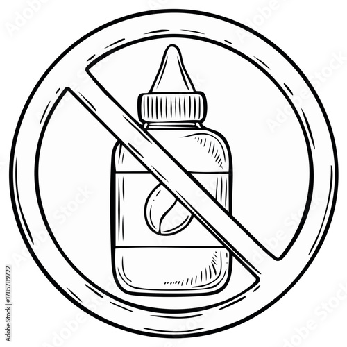 No glue prohibition sign icon with a bottle of adhesive line art illustration