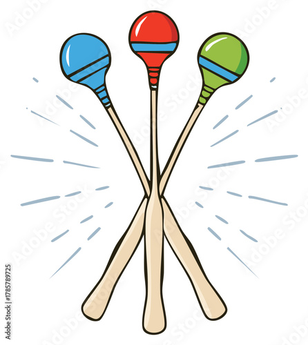Three colorful cartoon maracas musical instruments illustration with crossed wooden handles