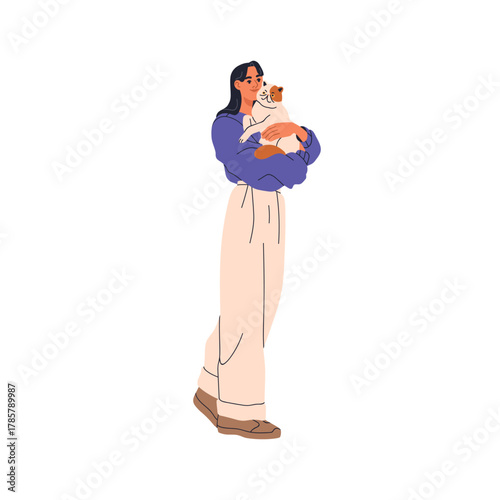 Woman carrying cute cat. Female walking with home kitty in hands. Girl holding, hugging animal. Pet owner with feline in arms. Flat vector illustration isolated on white background