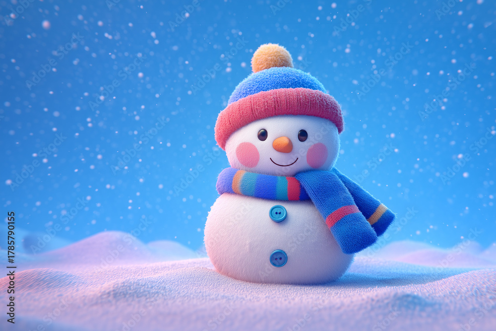 Fototapeta premium Smiling snowman with colorful scarf and hat