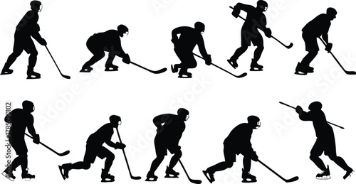 Dynamic hockey player silhouettes capture intense action and athletic prowess for sports branding and design projects