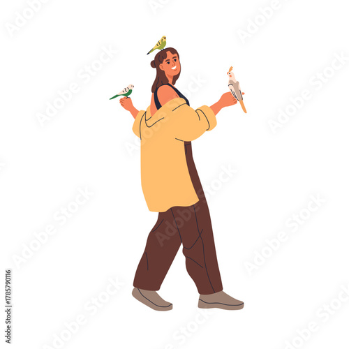 Happy woman with parrots, bird pets on hand, head and shoulder. Female walking with exotic budgie, tropical budgerigars, home cockatiels. Flat vector illustration isolated on white background
