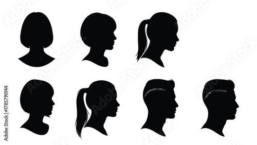 Human Head Silhouettes Set - Male and Female Profiles with Diverse Hairstyles