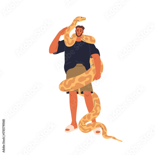 Man with snake, exotic python pet around body. Person holding big large tropical reptile, serpent. Happy owner with jungle animal. Flat vector illustration isolated on white background