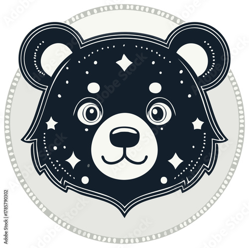 Stylized cosmic bear head illustration with stars and celestial dots in a circular frame