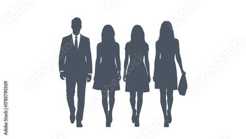 Business Team Silhouettes Walking Forward. Corporate Group of Man and Women Moving Together. Vector Illustration.