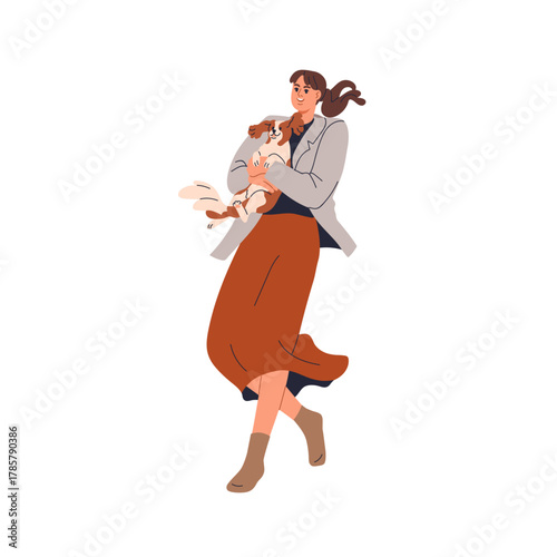 Happy woman with cute funny dog, puppy. Pet owner holding furry canine companion, doggy friend, cavalier spaniel, smiling with fun, joy. Flat vector illustration isolated on white background