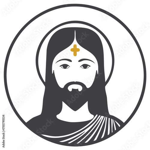 Stylized Icon of Jesus Christ with Halo and Golden Forehead Cross