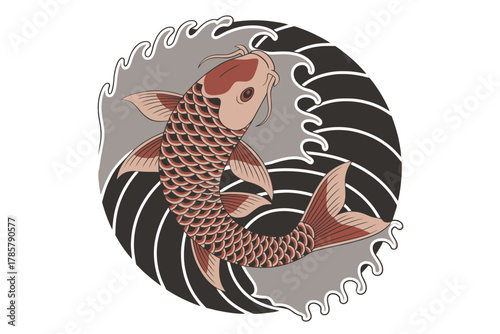 Koi fish illustration with waves Japanese style vector design isolated on white background