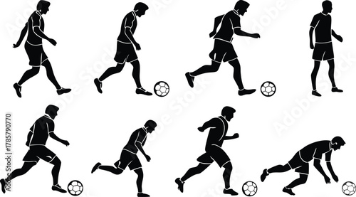 Dynamic silhouette sequence captures the energetic motion of a soccer player dribbling the ball across the field