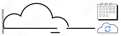 Large cloud outline, calendar icon for scheduling, cloud refresh icon for synchronization. Ideal for data storage, cloud technology, productivity, scheduling, automation, teamwork simple flat