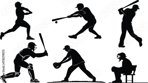 Dynamic baseball player silhouettes capturing thrilling action moments on the field for sports designs and athletic branding