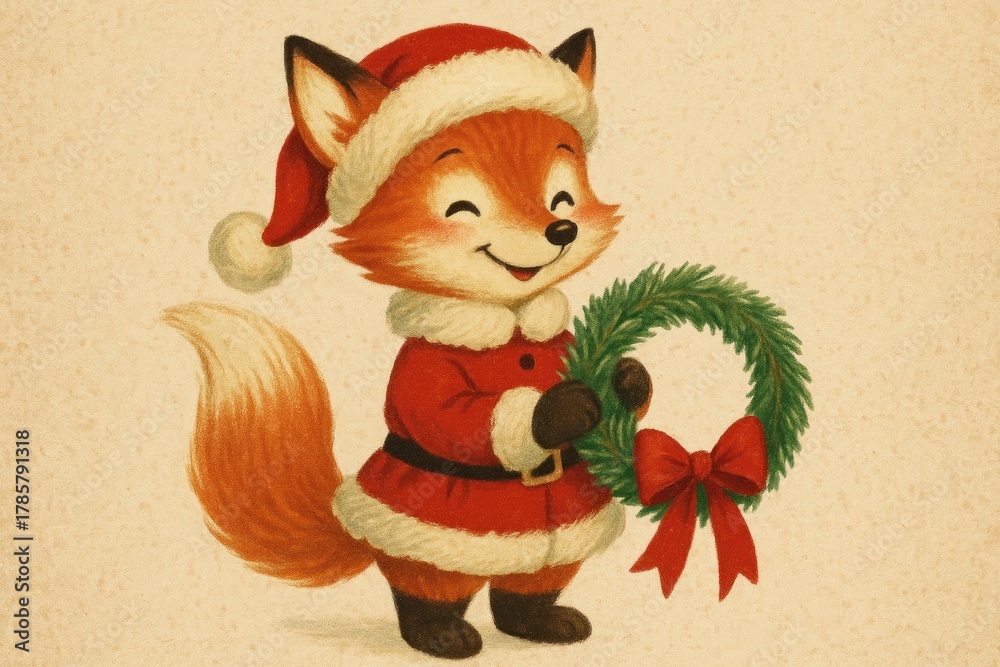 Naklejka premium Festive fox with holiday wreath background