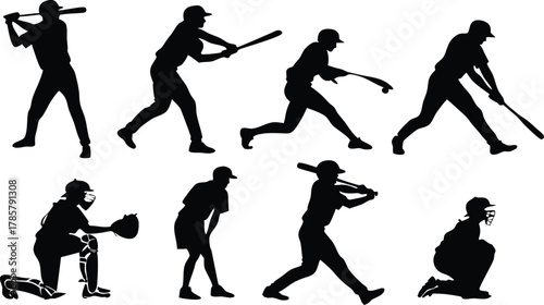 Dynamic silhouettes capture the thrilling action of baseball players in various game-winning poses, perfect for sports branding
