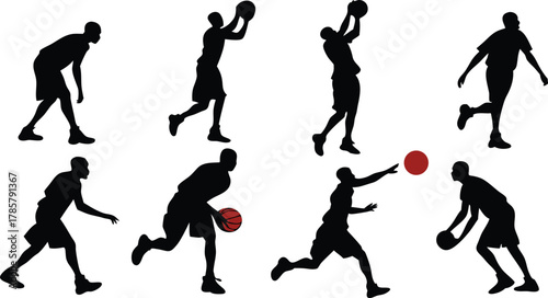 Dynamic basketball player silhouettes showcase athletic moves, dribbling, shooting, and passing for sports action visuals.