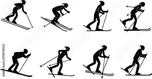 Dynamic silhouette series captures the athletic grace and motion of cross country skiers in action, showcasing diverse techniques and poses.