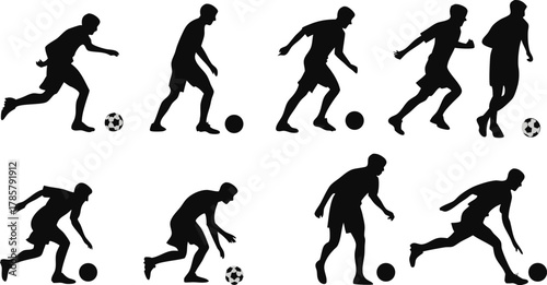 Dynamic footballer dribbling and kicking sequence captures athletic motion for sports design and fitness concepts