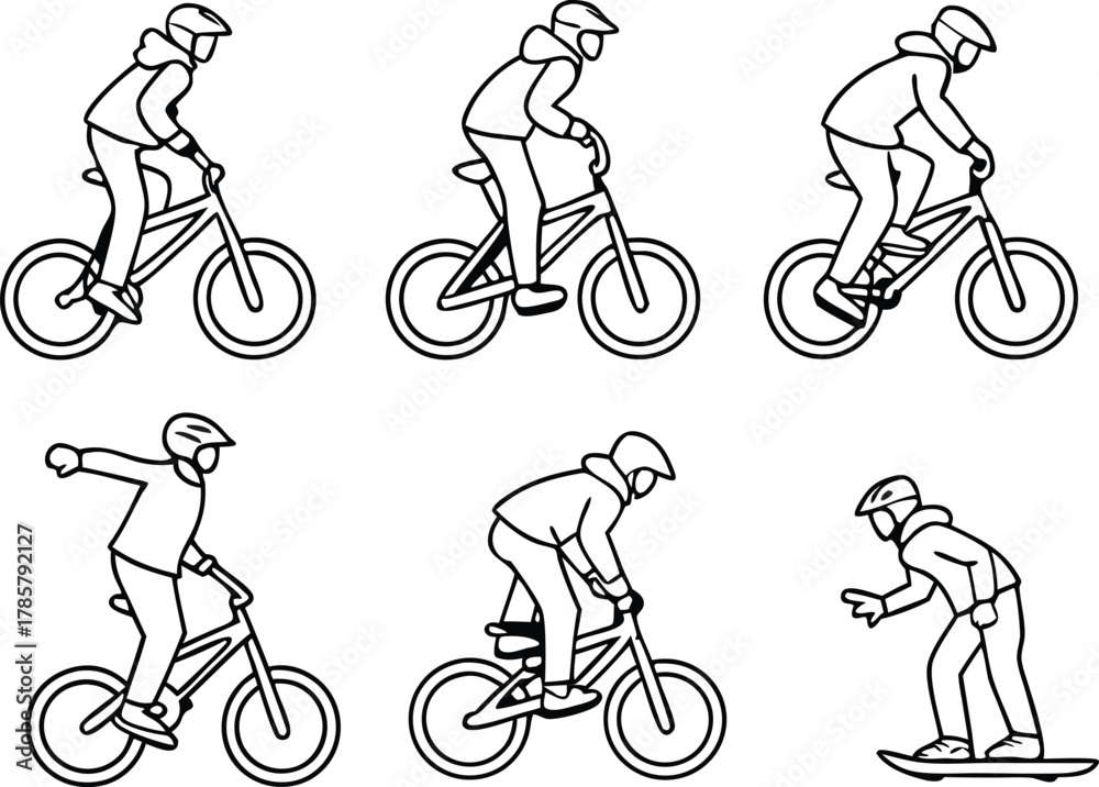 Fototapeta premium Dynamic sequence of cyclist performing stunts and snowboarder in action poses, capturing extreme sports thrill and movement.