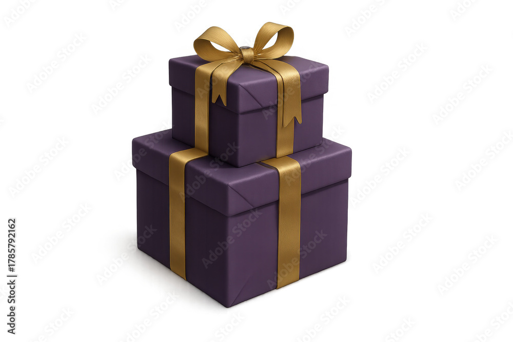 Fototapeta premium Stacked purple gift boxes creating excitement and celebration with golden ribbons and bows for special occasions