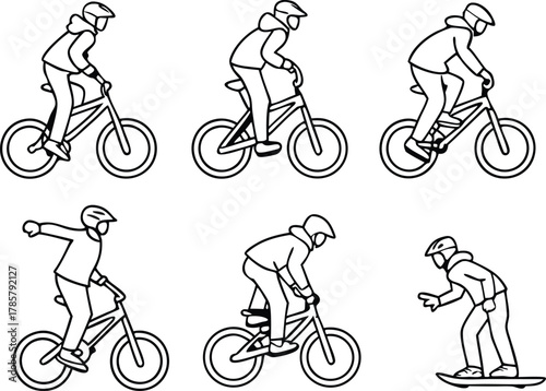 Dynamic sequence of cyclist performing stunts and snowboarder in action poses, capturing extreme sports thrill and movement.