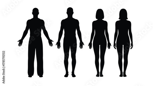Human Body Silhouettes Set: Male and Female Figures Standing Front View - Generic Template Vector Illustration
