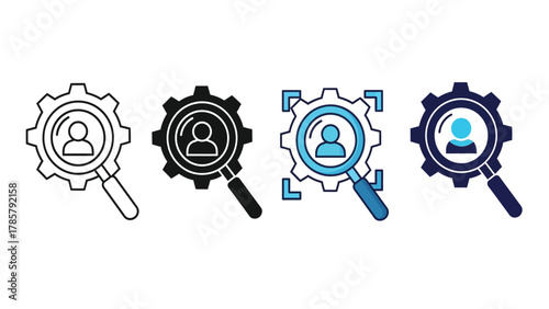 User Management Search and Settings Icon Set. Magnifying Glass, Person, and Gear Symbol for HR Recruitment, Profile Configuration, or System Optimization Vector Illustration