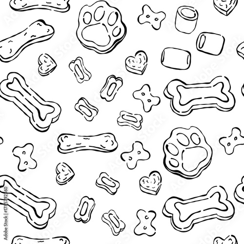 Dog food. Seamless pattern with pet snacks. Black and white print for pet themed designs, textiles and packaging. Pet store.